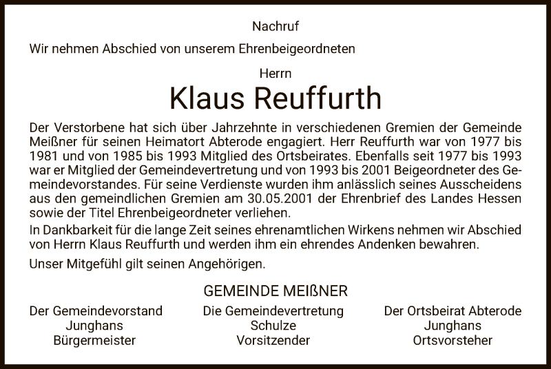  Traueranzeige für Klaus Reuffurth vom 30.01.2021 aus WRS