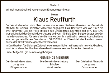 Traueranzeige von Klaus Reuffurth von WRS