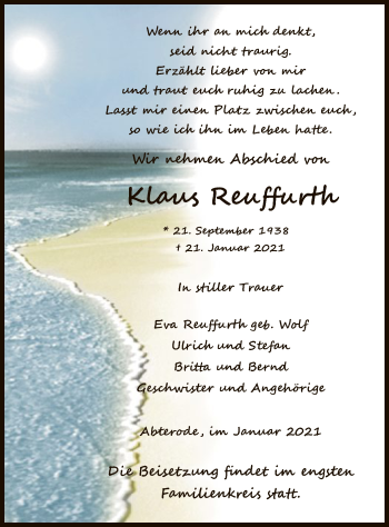 Traueranzeige von Klaus Reuffurth von WRS