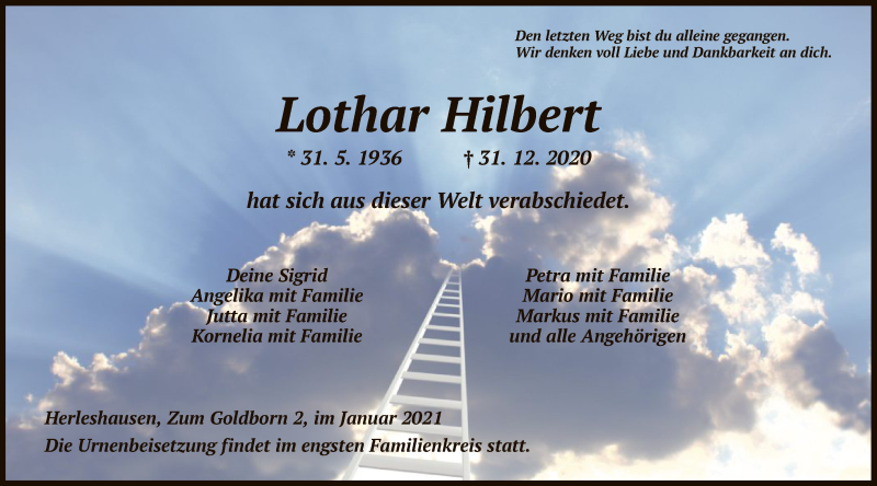  Traueranzeige für Lothar Hilbert vom 09.01.2021 aus WRS