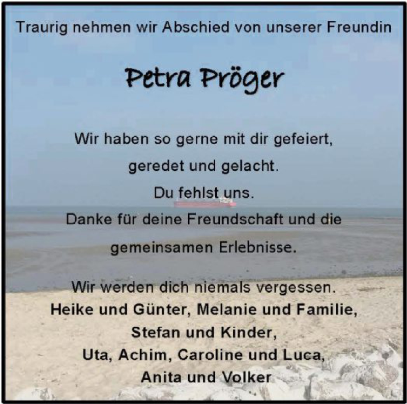  Traueranzeige für Petra Pröger vom 09.01.2021 aus WRS