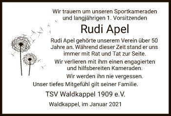 Traueranzeige von Rudi Apel von WRS