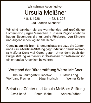 Traueranzeige von Ursula Meißner von WRS