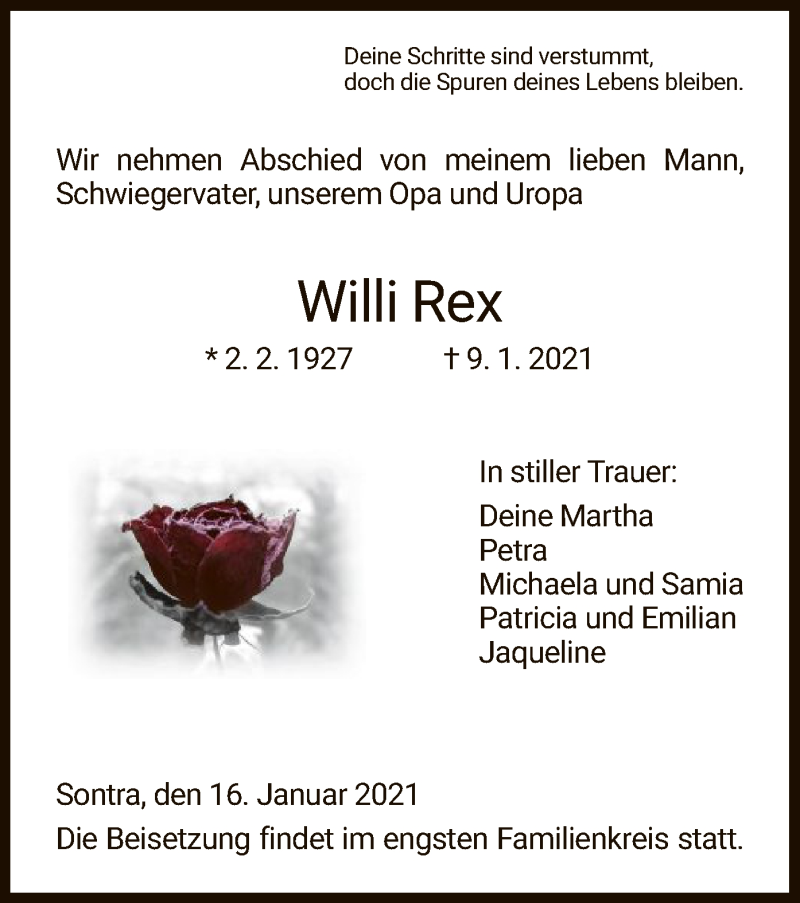 Traueranzeige für Willi Rex vom 16.01.2021 aus WRS