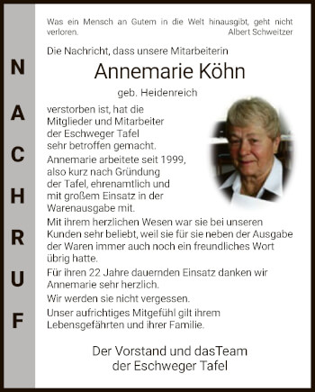 Traueranzeige von Annemarie Köhn von WRS