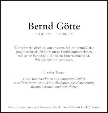 Traueranzeige von Bernd Götte von HNA