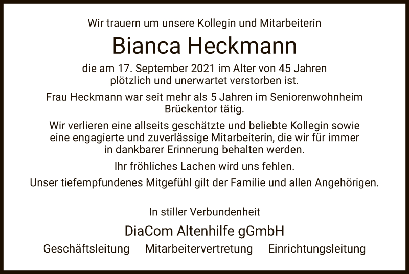  Traueranzeige für Bianca Heckmann vom 02.10.2021 aus WRS