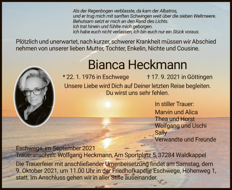  Traueranzeige für Bianca Heckmann vom 02.10.2021 aus WRS