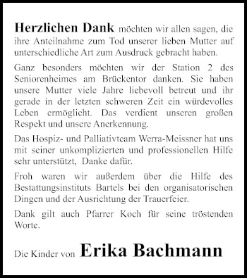 Traueranzeige von Erika Bachmann von WRS