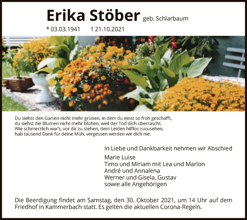 Traueranzeige für Erika Stöber vom 27.10.2021 aus HNA