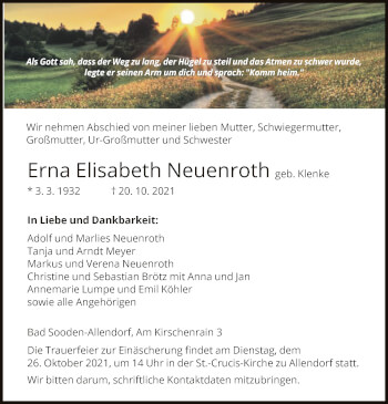 Traueranzeige von Erna Elisabeth Neuenroth von HNA