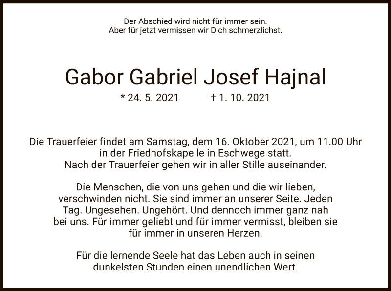  Traueranzeige für Gabor Gabriel Josef Hajnal vom 12.10.2021 aus WRS