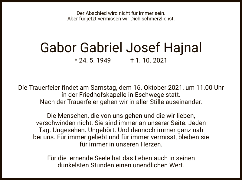  Traueranzeige für Gabor Gabriel Josef Hajnal vom 13.10.2021 aus WRS