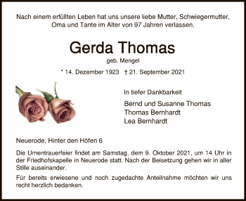 Traueranzeige von Gerda Thomas von WRS