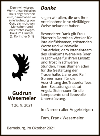 Traueranzeige von Gudrun Wesemeier von WRS