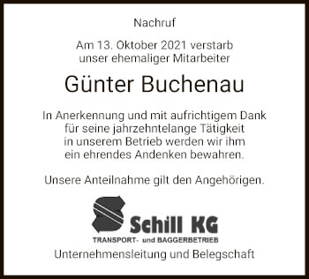 Traueranzeige von Günter Buchenau von WRS