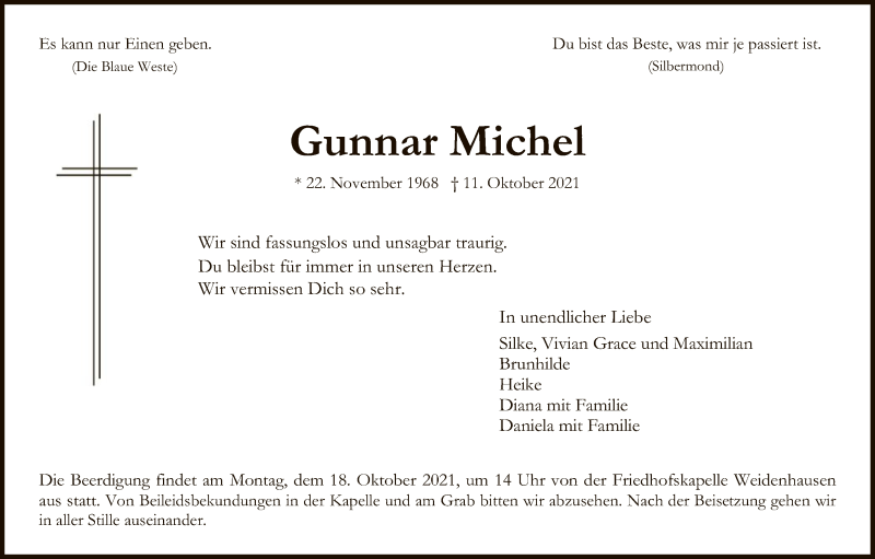  Traueranzeige für Gunnar Michel vom 16.10.2021 aus WRS