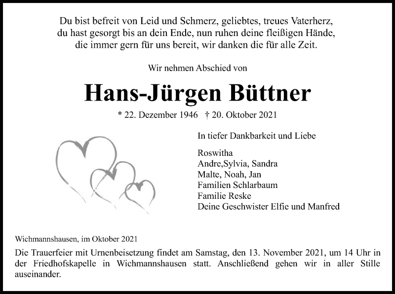  Traueranzeige für Hans-Jürgen Büttner vom 27.10.2021 aus WRS