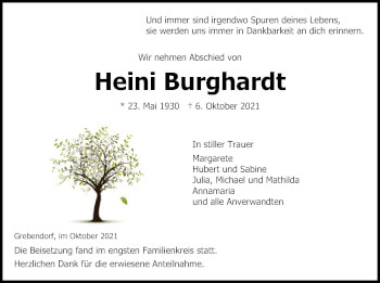 Traueranzeige von Heini Burghardt von WRS