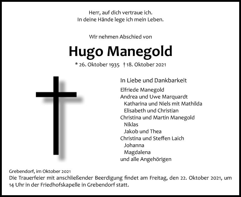  Traueranzeige für Hugo Manegold vom 20.10.2021 aus WRS