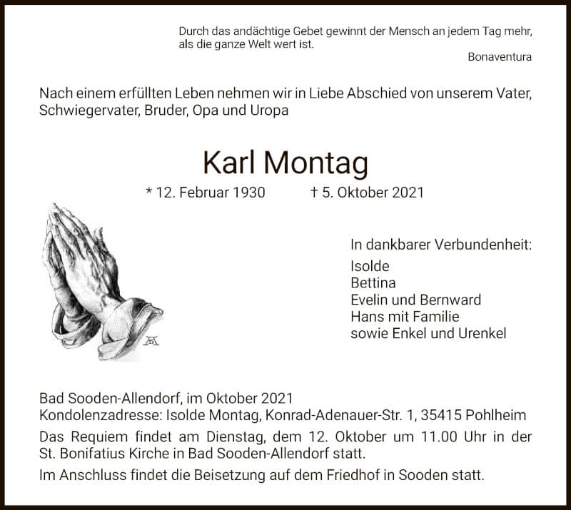  Traueranzeige für Karl Montag vom 09.10.2021 aus WRS