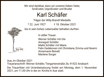 Traueranzeige von Karl Schäfer von WRS