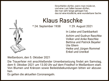 Traueranzeige von Klaus Raschke von WRS