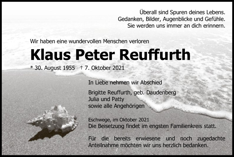  Traueranzeige für Klaus Peter Reuffurth vom 16.10.2021 aus WRS
