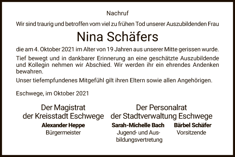  Traueranzeige für Nina Schäfers vom 27.10.2021 aus WRS