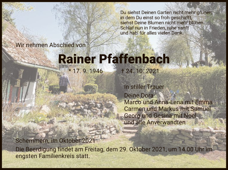  Traueranzeige für Rainer Pfaffenbach vom 27.10.2021 aus WRS