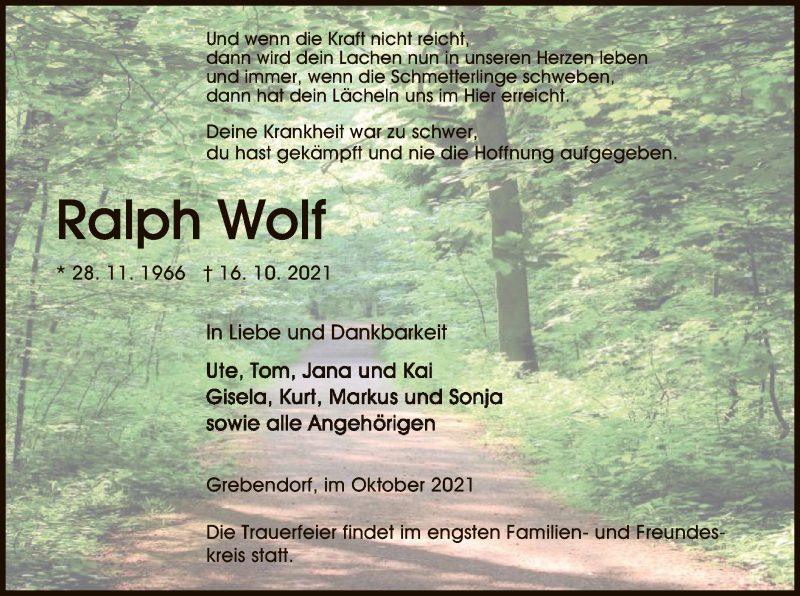  Traueranzeige für Ralph Wolf vom 21.10.2021 aus WRS