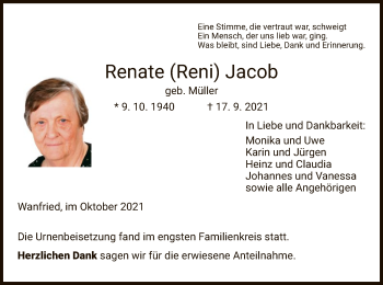 Traueranzeige von Renate Jacob von WRS