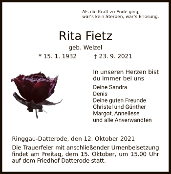 Traueranzeige von Rita Fietz von WRS