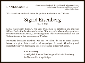 Traueranzeige von Sigrid Eisenberg von WRS