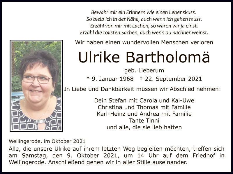  Traueranzeige für Ulrike Bartholomä vom 02.10.2021 aus WRS