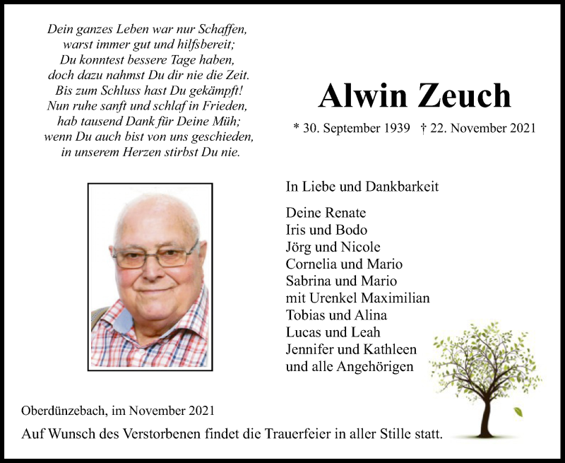  Traueranzeige für Alwin Zeuch vom 27.11.2021 aus WRS