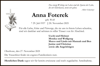 Traueranzeige von Anna Foterek von WRS