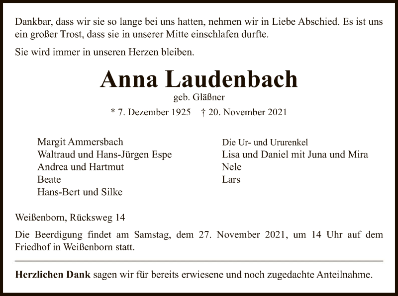  Traueranzeige für Anna Laudenbach vom 25.11.2021 aus WRS