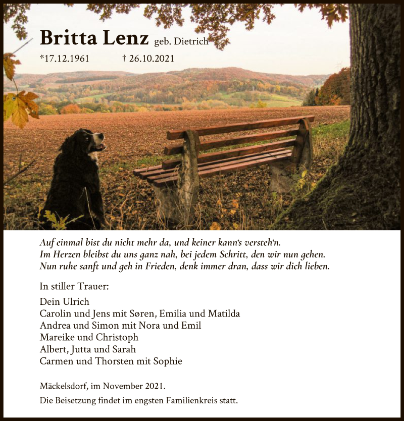  Traueranzeige für Britta Lenz vom 06.11.2021 aus WRS