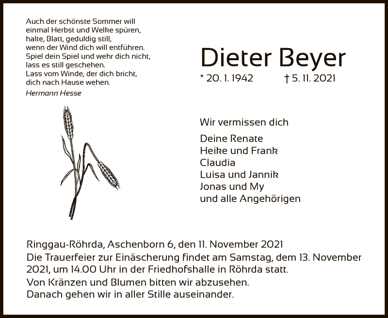  Traueranzeige für Dieter Beyer vom 11.11.2021 aus WRS