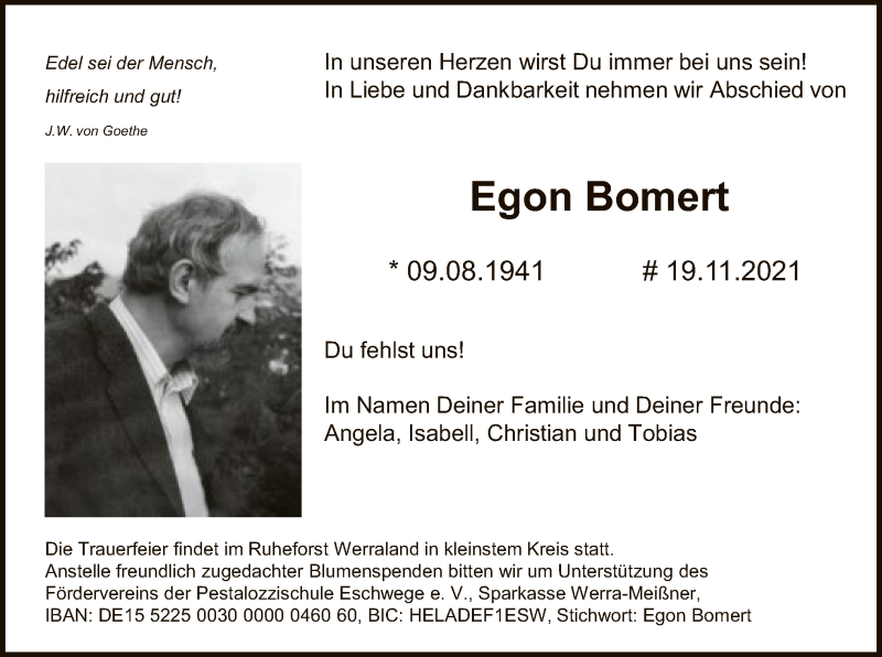  Traueranzeige für Egon Bomert vom 27.11.2021 aus HNA