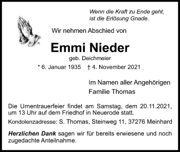 Traueranzeige von Emmi Nieder von WRS