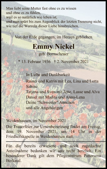 Traueranzeige von Emmy Nickel von WRS