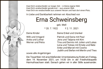 Traueranzeige von Erna Schweinsberg von WRS