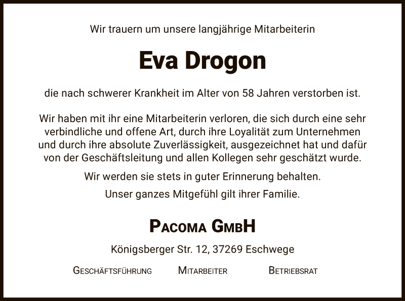  Traueranzeige für Eva Drogon vom 26.11.2021 aus WRS