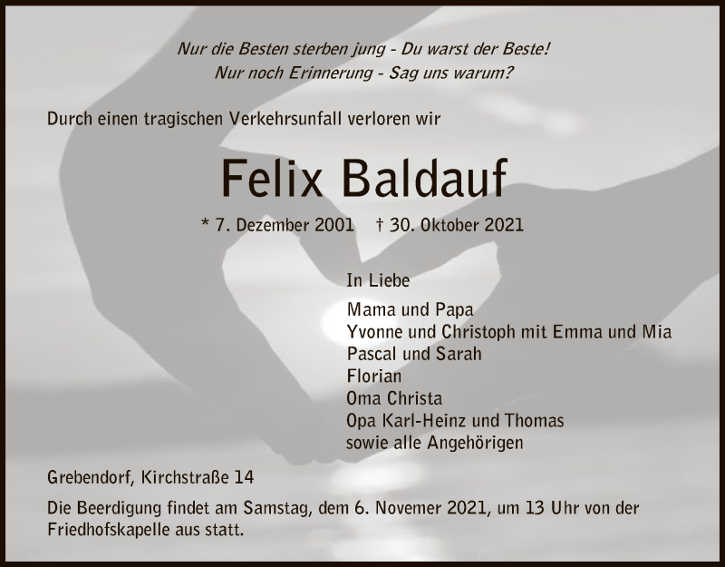  Traueranzeige für Felix Baldauf vom 03.11.2021 aus WRS