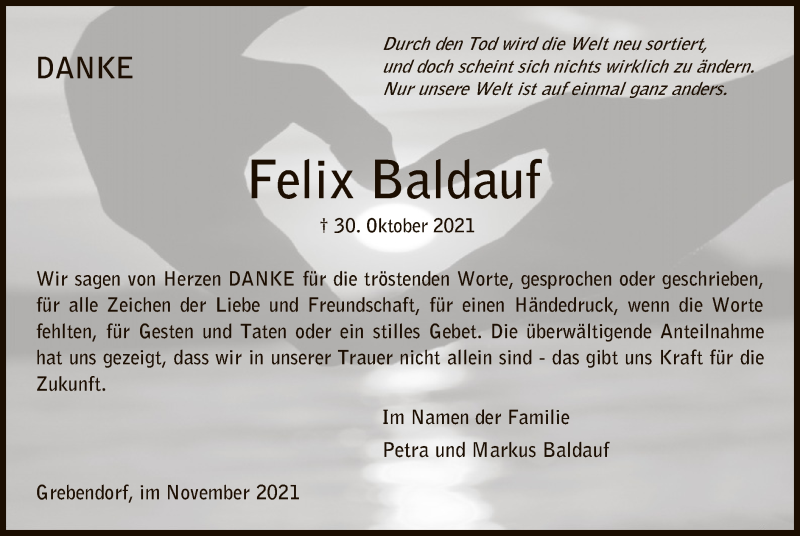  Traueranzeige für Felix Baldauf vom 20.11.2021 aus WRS