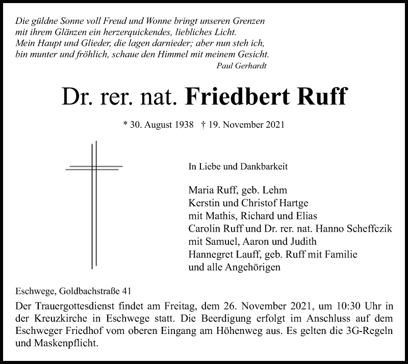  Traueranzeige für Friedbert Ruff vom 24.11.2021 aus WRS