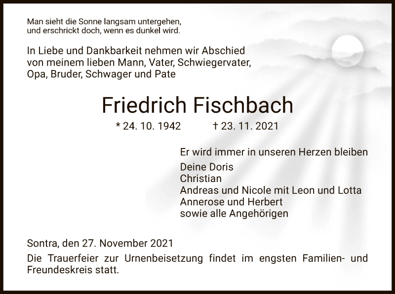  Traueranzeige für Friedrich Fischbach vom 27.11.2021 aus WRS