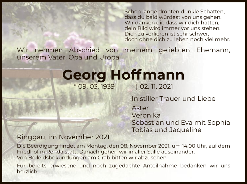  Traueranzeige für Georg Hoffmann vom 06.11.2021 aus WRS